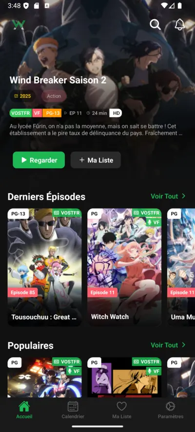 Interface principale de WawAnime - Application de streaming anime