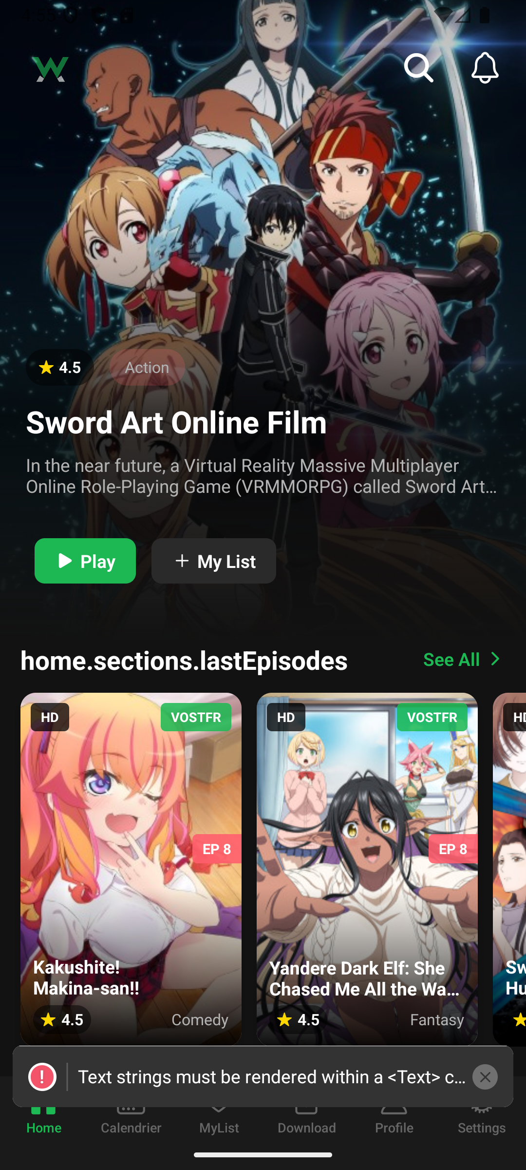 Interface principale de WawAnime - Application de streaming anime